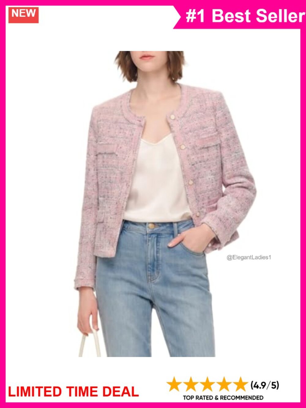 Tweed Blazer Long Sleeve Open Front Cropped Cardigan Work Office Suit Jacket